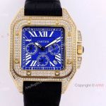 Iced Out Cartier Santos VK Chronograph Watch Blue Dial 45mm